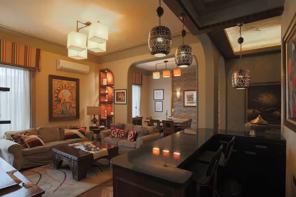 Luxurious living room with dramatic lighting and premium furnishing